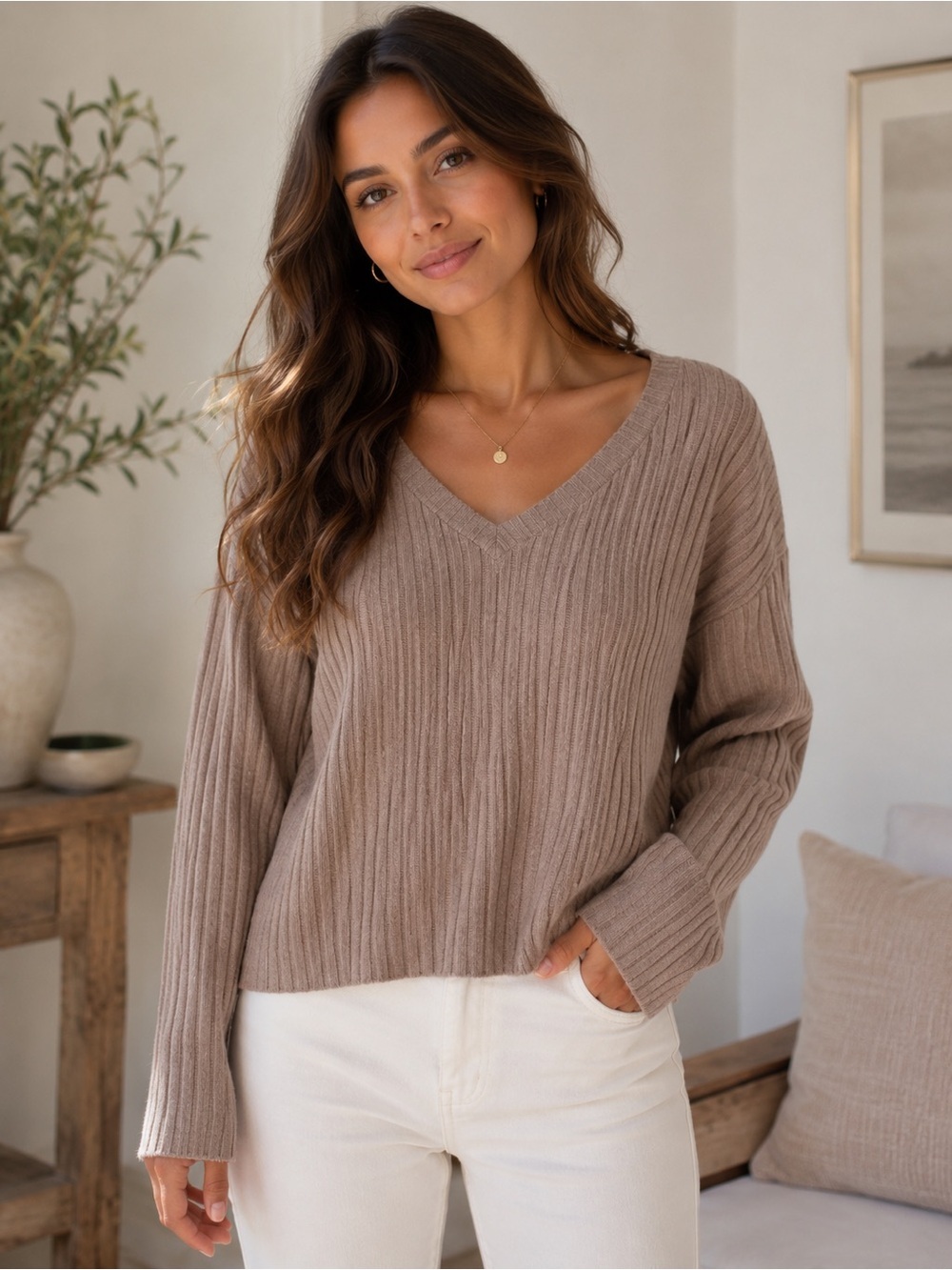 Wide Ribbed V-Neck Drop Shoulder Pullover Sweater -XXL